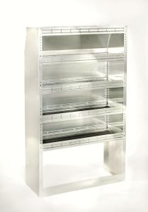 Maximum Capacity 65" High Aluminum Shelving w/ Closed Back for Sprinter, ProMaster, Nissan NV High Roof & Ford Transit Medium & High Roof Vans