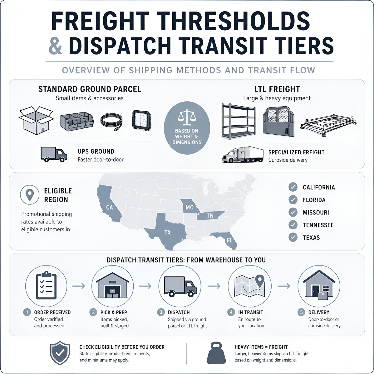 Infographic overview of freight thresholds and dispatch transit tiers infographic Infographic overview of freight thresholds and dispatch transit tiers infographic