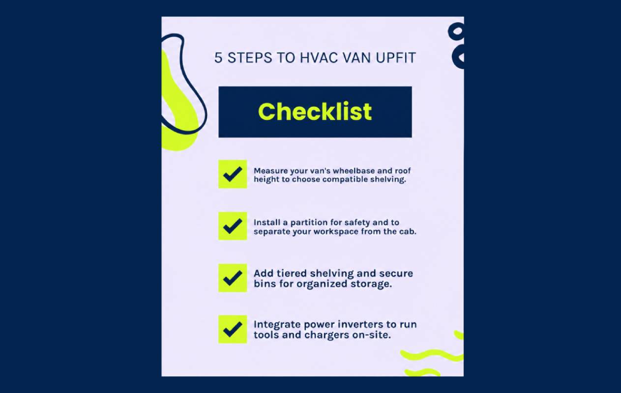 Infographic summarizing the 5 steps to a perfect HVAC van upfit: Floor, Partition, Shelving, Accessories, and Power Infographic summarizing the 5 steps to a perfect HVAC van upfit: Floor, Partition, Shelving, Accessories, and Power