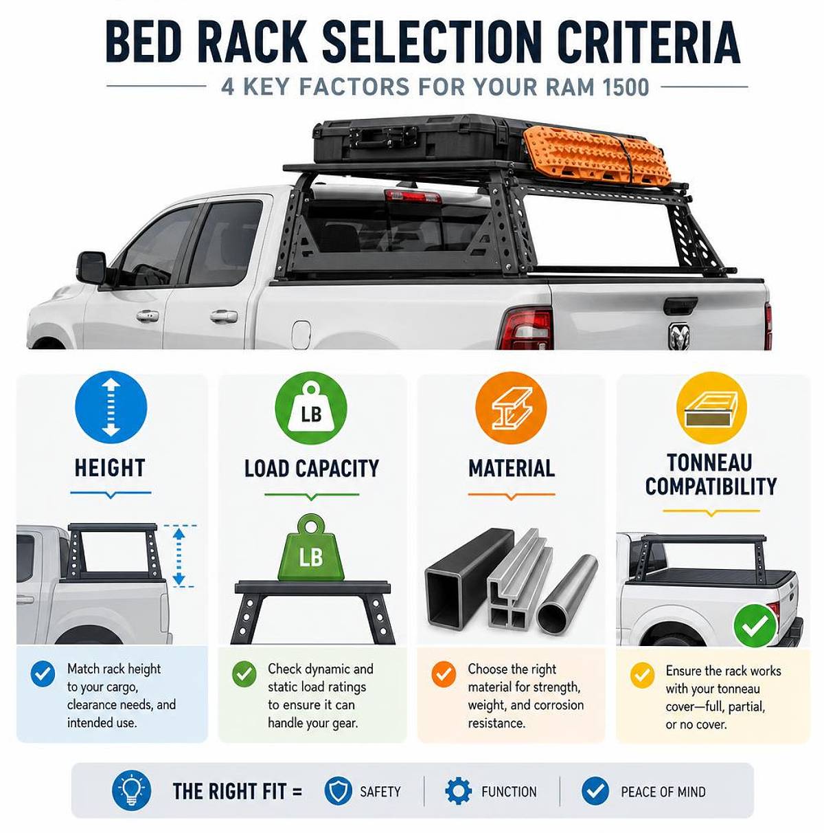 Bed rack selection criteria infographic: height, load capacity, material, and tonneau compatibility infographic Bed rack selection criteria infographic: height, load capacity, material, and tonneau compatibility infographic
