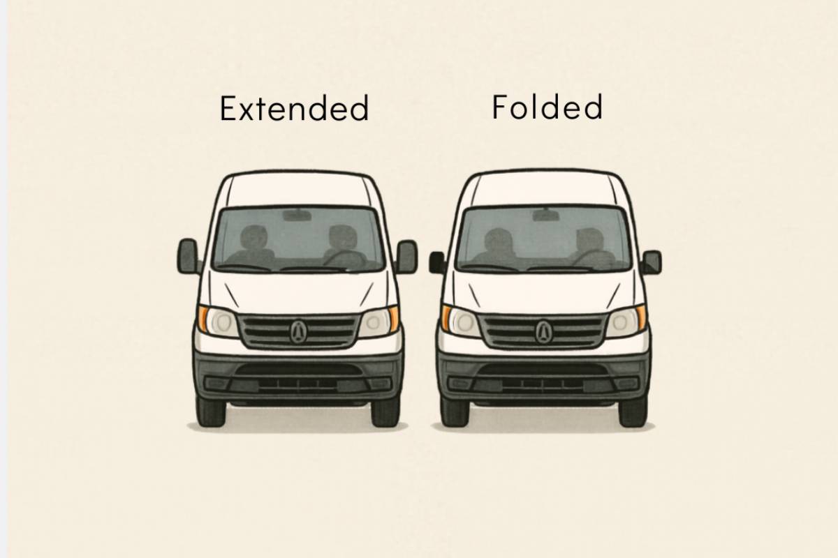 A front-view of a van showing the side mirrors extended versus folded.