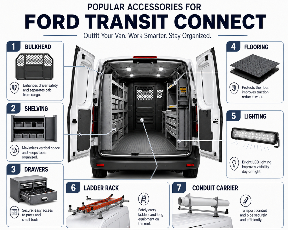 Informational Ford Transit Connect accessory infographic showing bulkhead, shelving, drawers, flooring, lighting, ladder