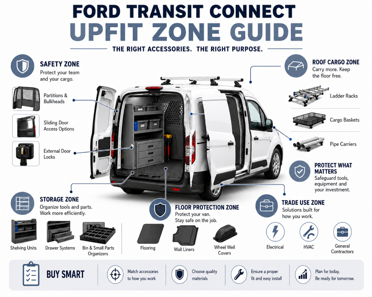 Ford Transit Connect upfit zone infographic explaining accessory choices by safety, storage, roof cargo, floor protection