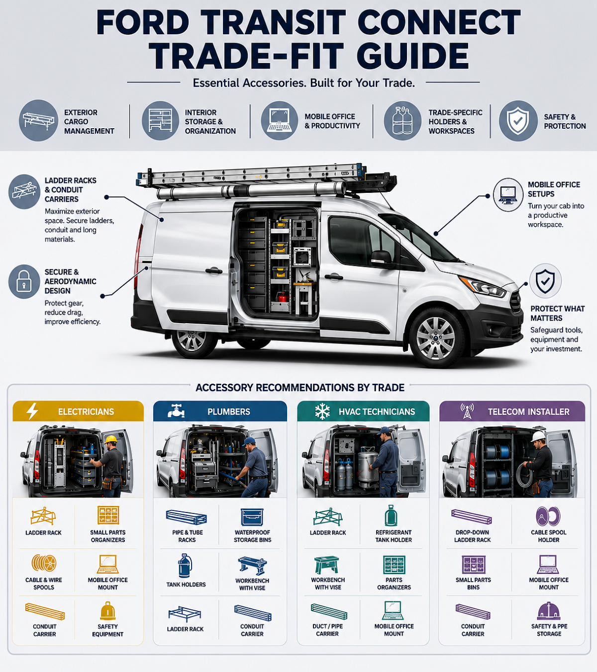 Ford Transit Connect trade-fit infographic showing accessory recommendations for electricians, plumbers, HVAC technicians