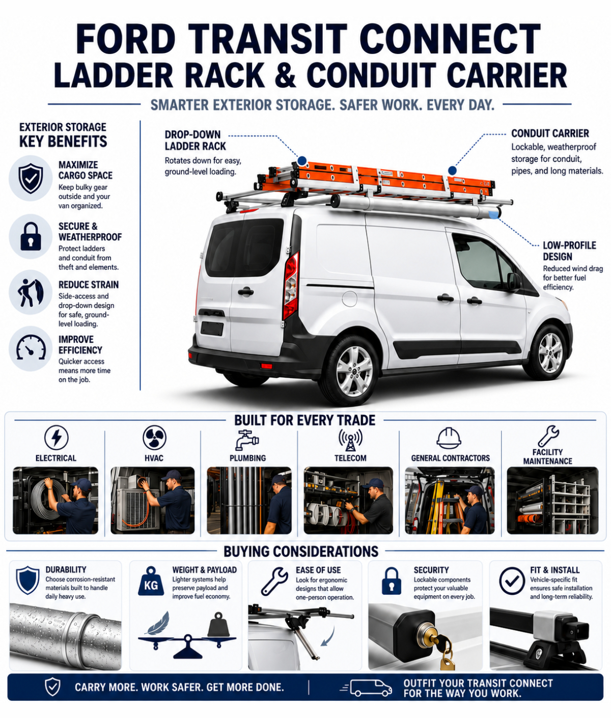 Ford Transit Connect ladder rack and conduit carrier infographic explaining exterior storage benefits, safe loading, trade