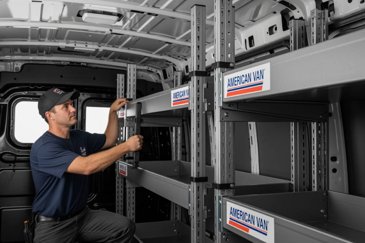 Technician installing American Van shelving with heavy-duty mounting brackets Technician installing American Van shelving with heavy-duty mounting brackets