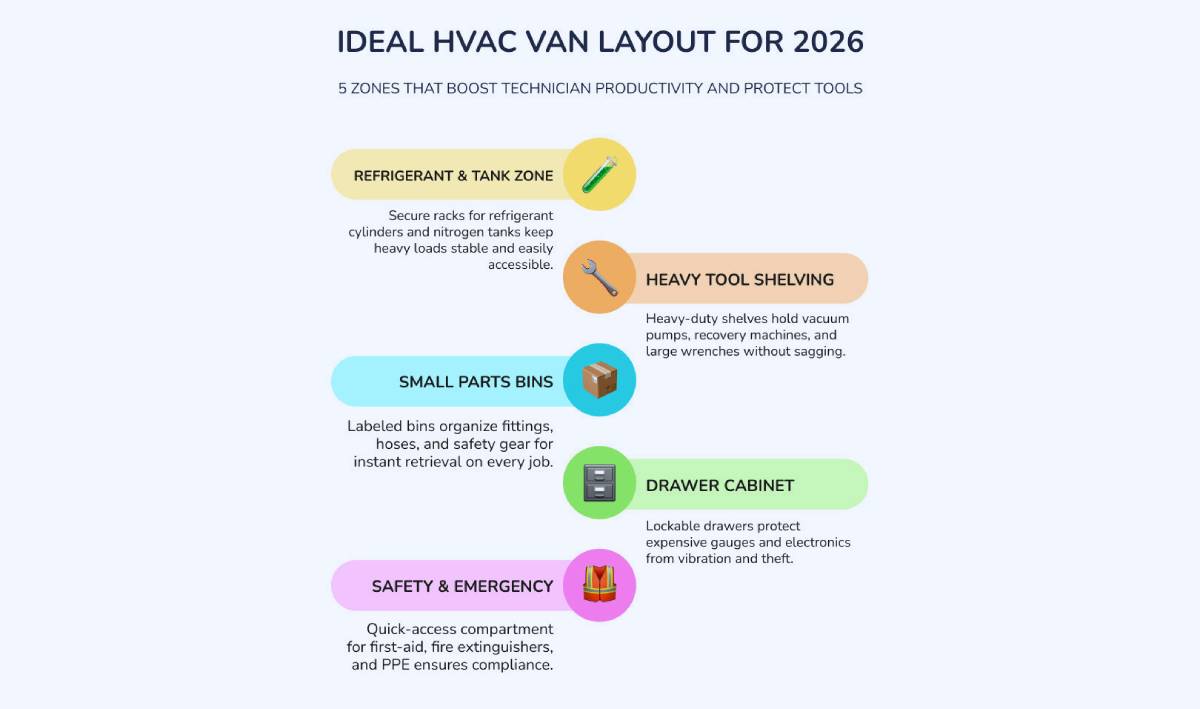 Infographic showing ideal HVAC van interior layout with labeled shelving zones for tools, refrigerant tanks, and small parts Infographic showing ideal HVAC van interior layout with labeled shelving zones for tools, refrigerant tanks, and small parts