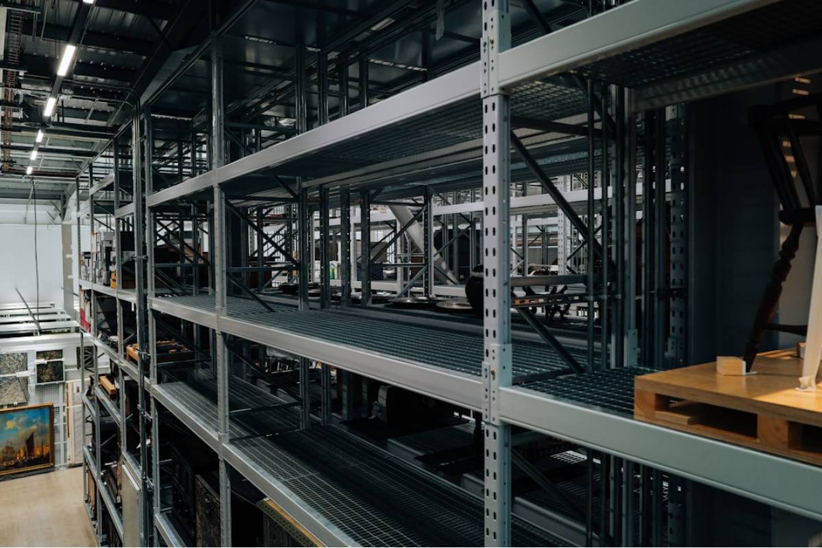 Heavy-duty steel shelving units installed in a service van Heavy-duty steel shelving units installed in a service van