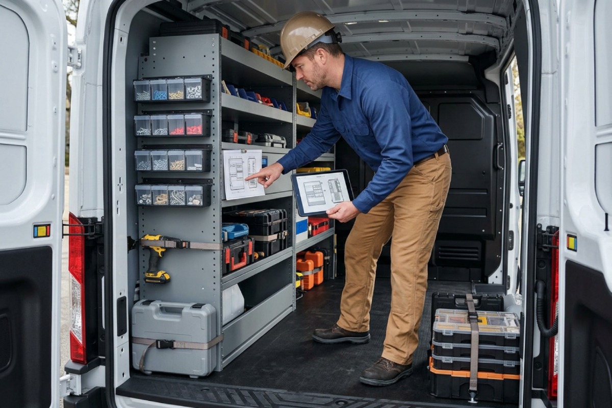 Trade professional selecting van shelving layout for commercial vehicle Trade professional selecting van shelving layout for commercial vehicle