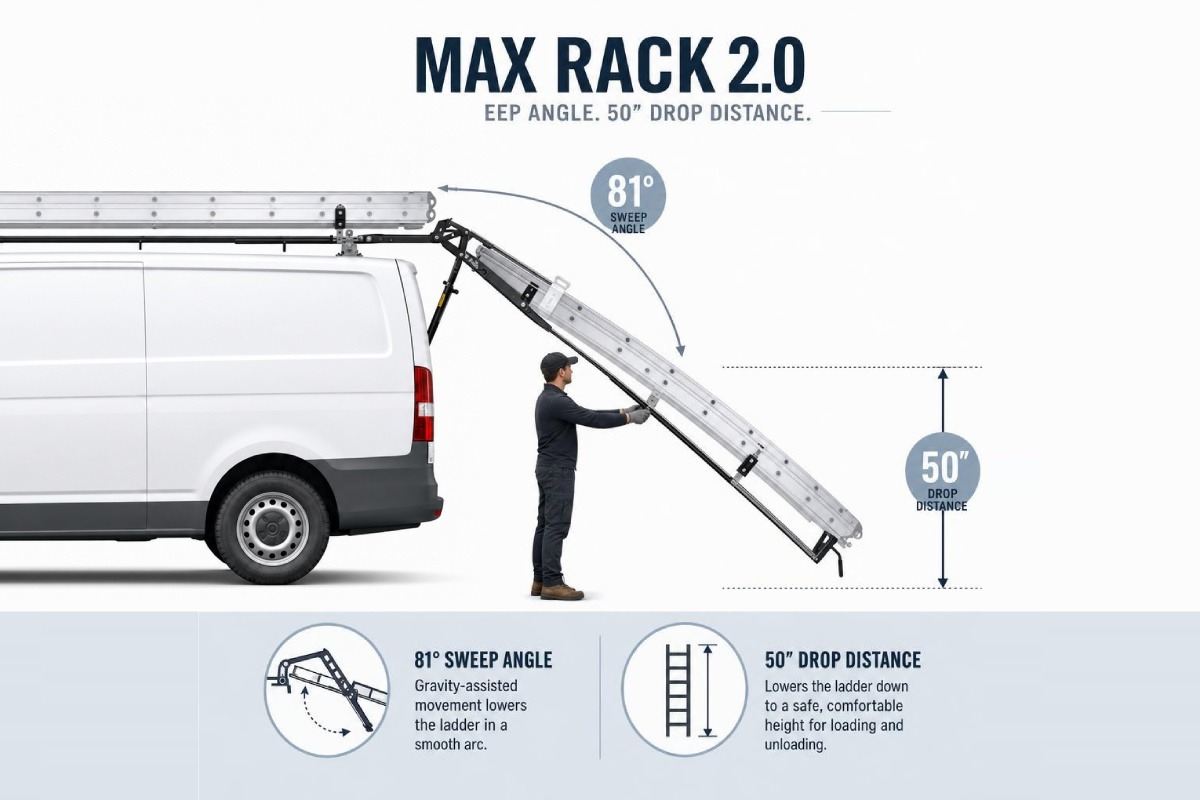 Infographic explaining the 81-degree sweep angle and 50-inch drop distance of the Max Rack 2.0 infographic