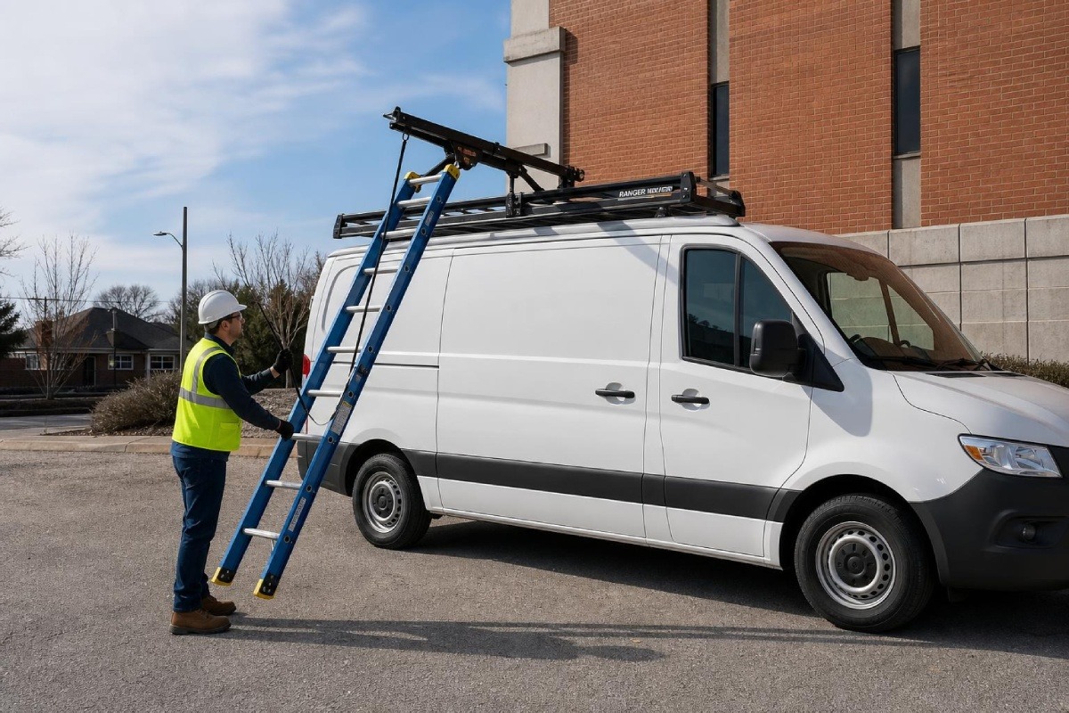 HVAC technician operating the single-motion drop-down rack