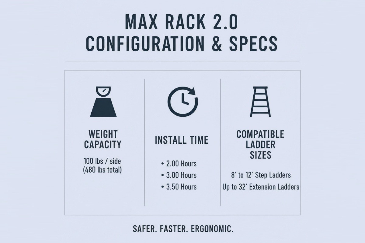 Infographic showing Max Rack 2.0 configuration comparisons and specs infographic