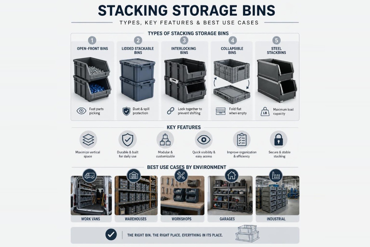 Infographic showing types of stacking storage bins, key features, and best use cases by environment infographic