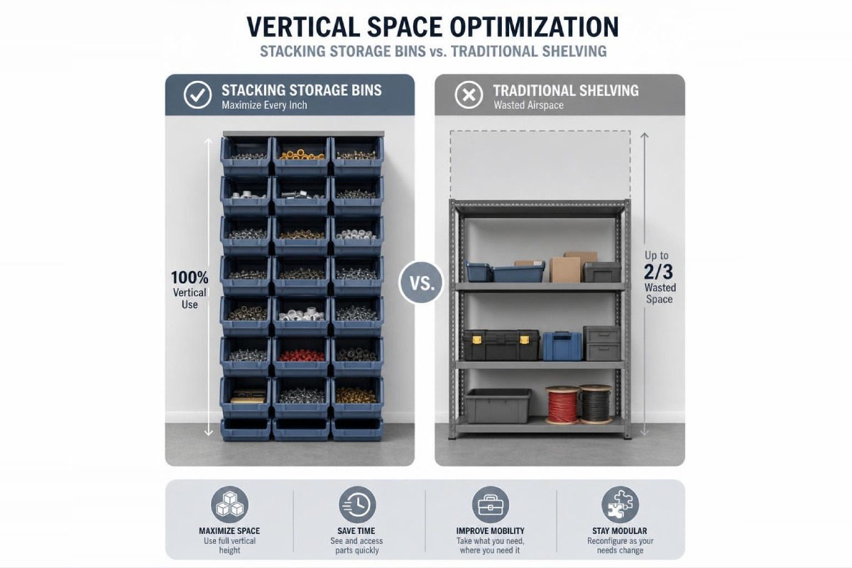Infographic comparing vertical space optimization of stacking storage bins vs traditional shelving infographic