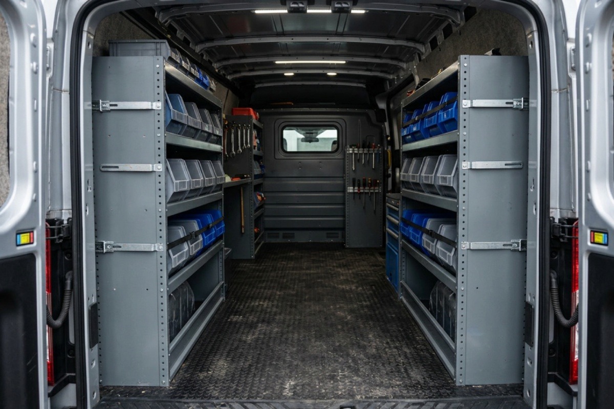 Heavy-duty work van interior organized with stacked polypropylene storage bins secured on steel shelving