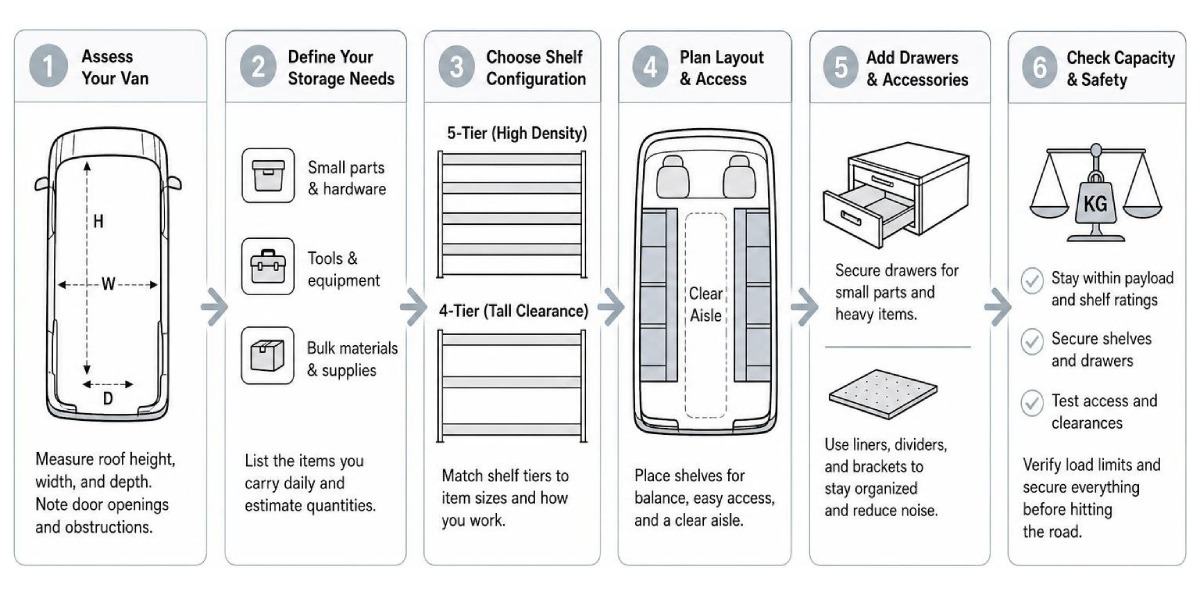 Diagram showing step-by-step layout planning for commercial van storage Diagram showing step-by-step layout planning for commercial van storage